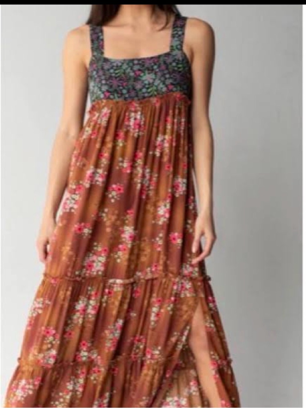 NATURAL LIFE Brown Floral Maxi Dress with Pink and Green Accents